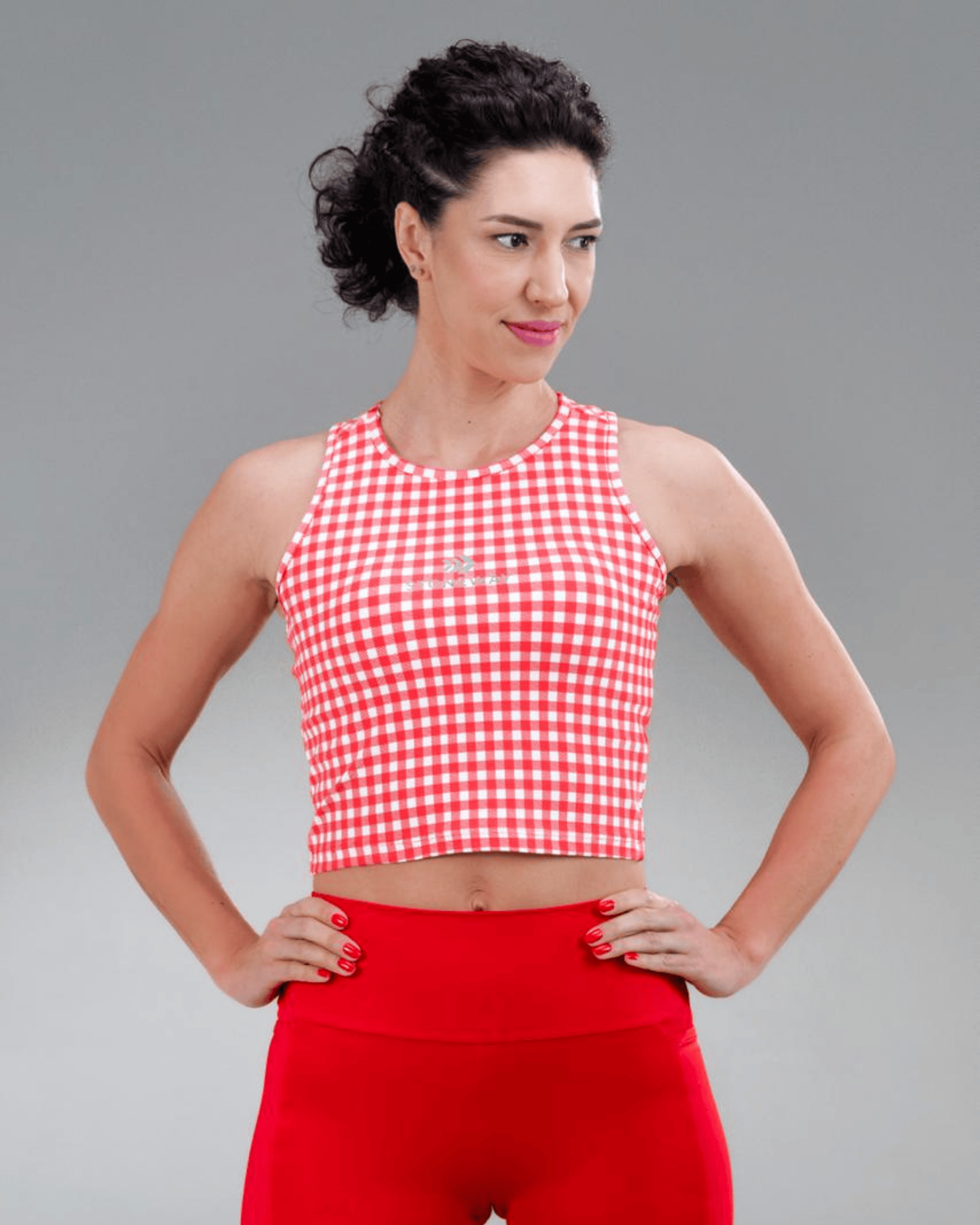 Regata Cropped Fitness JUMP - Estampa Vichy - Cereja