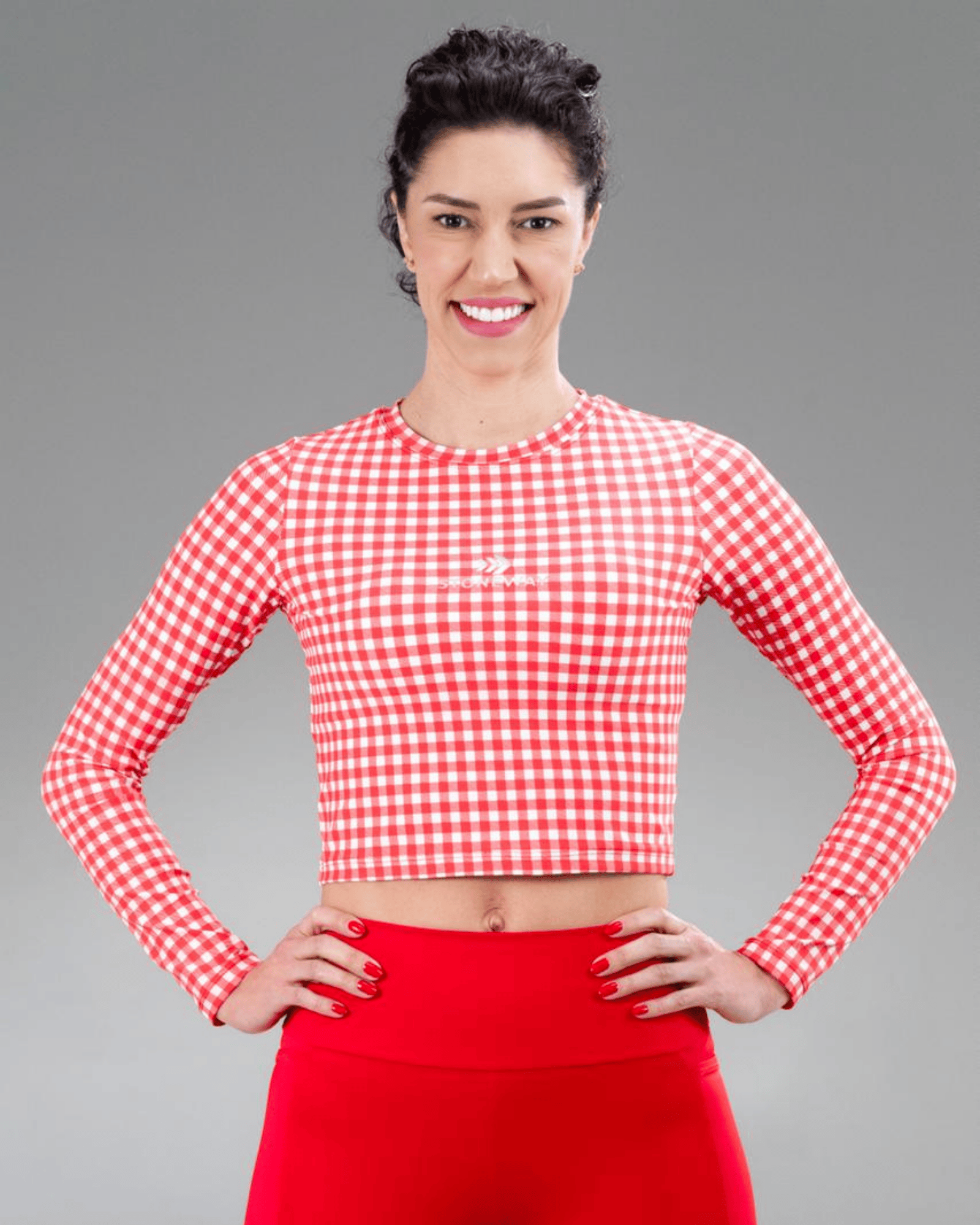 Blusa Cropped Manga Longa Fitness LAP - Estampa Vichy (Cereja)