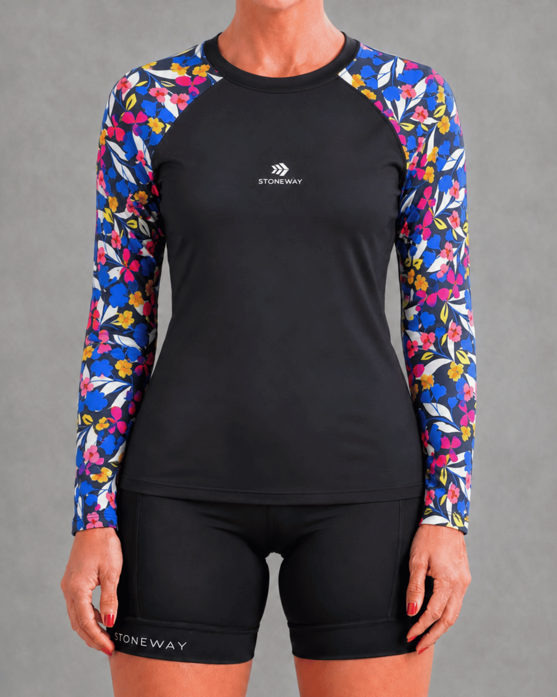 Blusa Manga Longa Raglan FITNESS - Preto + Estampa Santorini